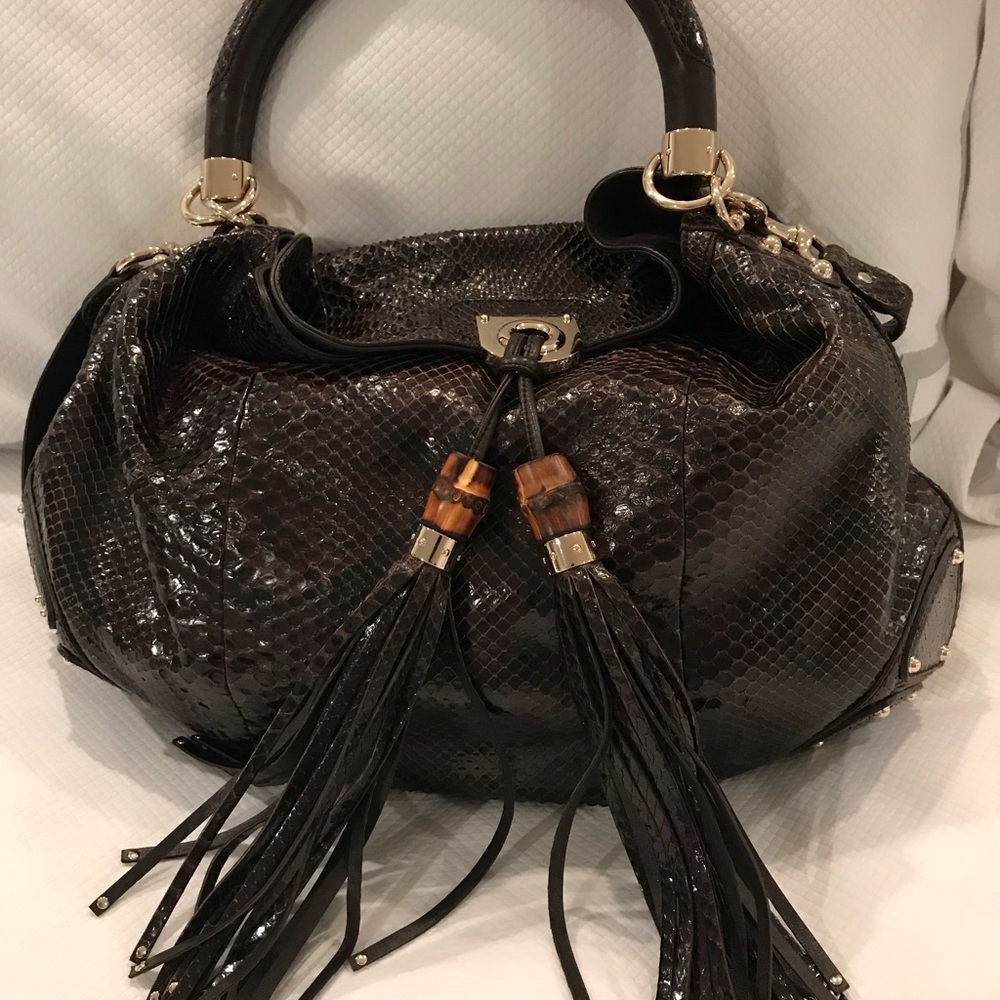 Python snake skin Gucci bag with bamboo tassels